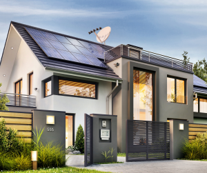 maison avec panneaux solaires.